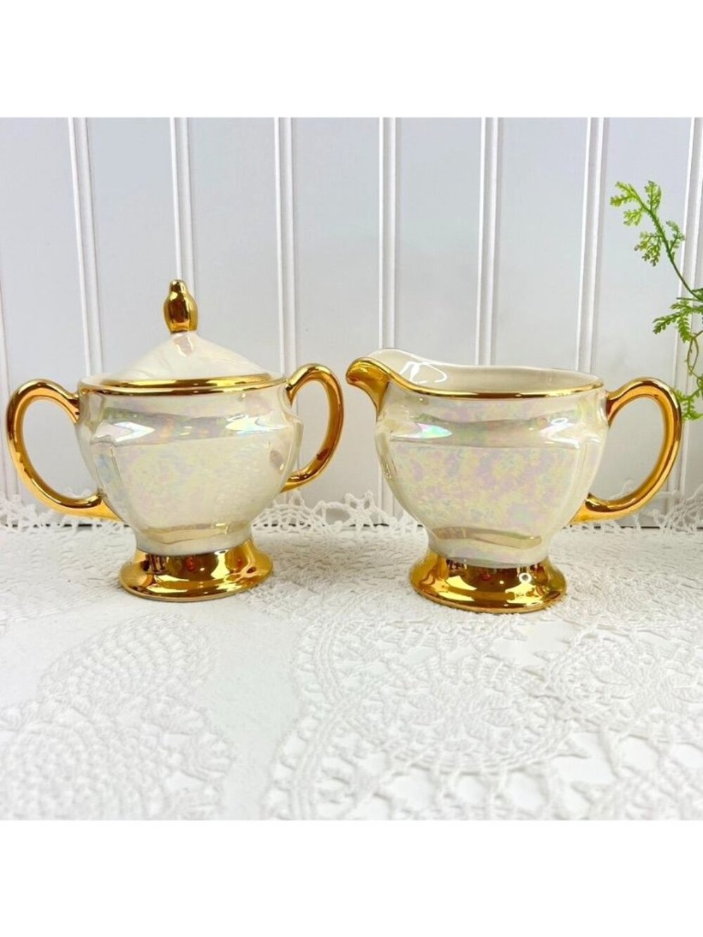 Vintage Cream & Sugar Set Heavy Gold TrimIridescent Pearl MCM
